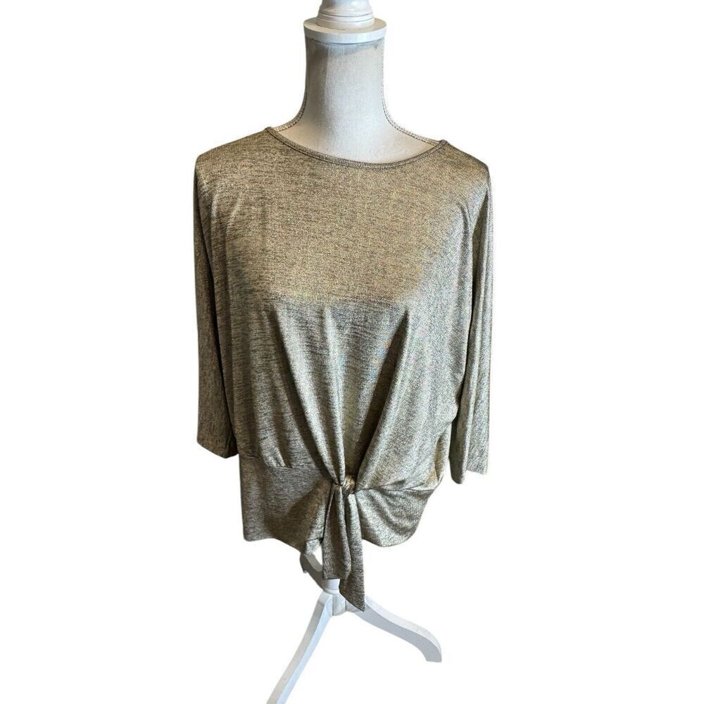 Clara Sun Woo Metallic Gold Dolman Sleeve Tie Front Dressy Blouse Size 1X